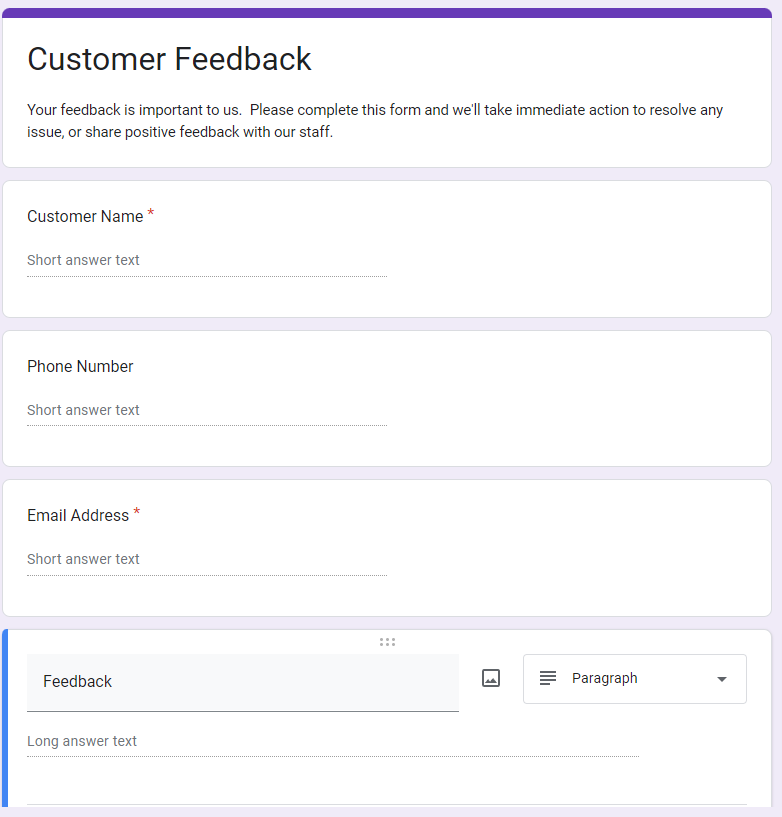 Customer feedback Google Form sample