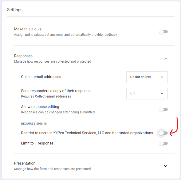 Google Form settings